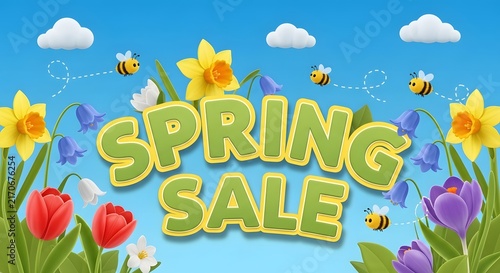 Spring Sale banner with colorful flowers and cute bees on a bright blue sky background.