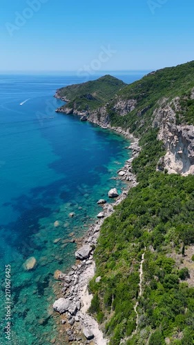 Drone flying along the Corfu coastline in Greece