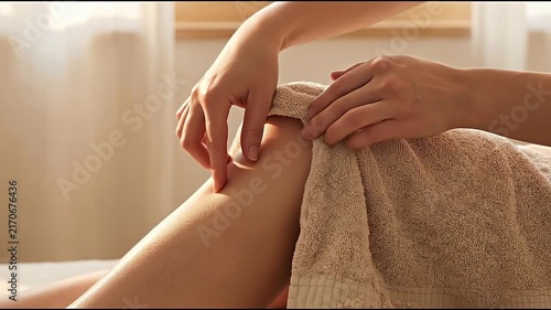 Knee Pain Osteoarthritis Woman Receiving Gentle Joint Care With Warm Towel At Home, Supporting Leg Comfort, Daily Movement, Self Care, Recovery, Wellness, And Relief During Discomfort