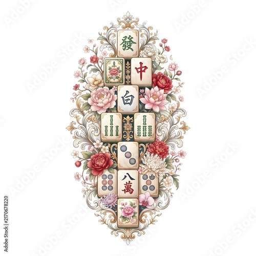 Mahjong game pieces stacked vertically within an ornate botanical border.