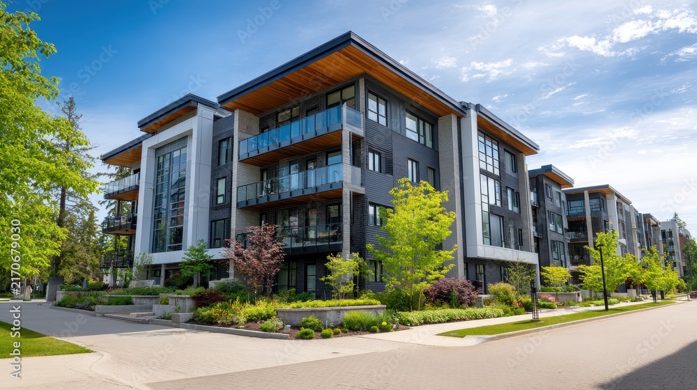 Fototapeta premium Modern architectural apartment buildings with balconies and lush green landscaping under a bright sunny sky. Contemporary real estate development concept for urban housing.