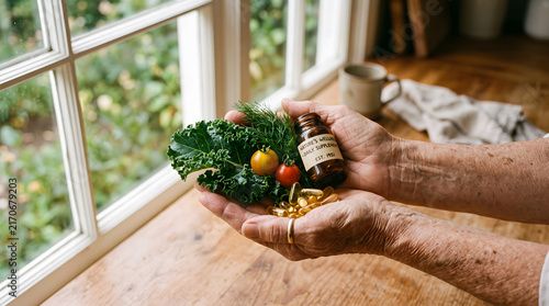 Close up of an elderly person's hands holding a mix of fresh vegetables and dietary supplement pills in a bright kitchen, symbolizing healthy aging and nutrition.
