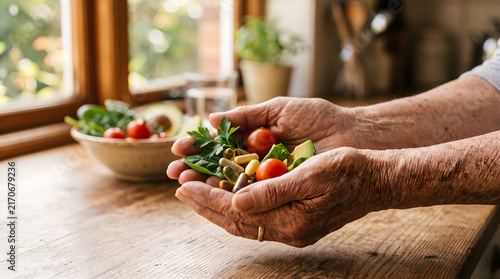 Close up of an elderly person's hands holding a mix of fresh vegetables and dietary supplement pills in a bright kitchen, symbolizing healthy aging and nutrition.