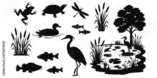 A collection of black silhouettes featuring various pond wildlife including a heron, duck, and fish