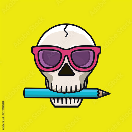 Cartoon human skull wearing pink sunglasses with pencil in jaw vector illustration for World Design Day on April 27