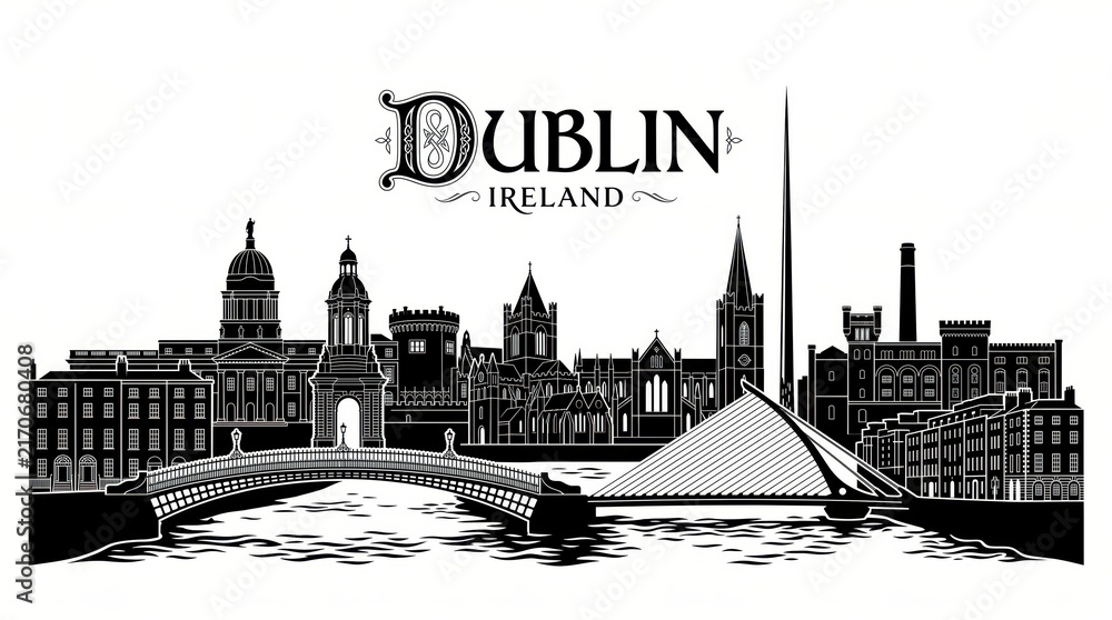 Obraz premium Extremely detailed Dublin, Ireland landmark-rich silhouette with refined DUBLIN lettering.