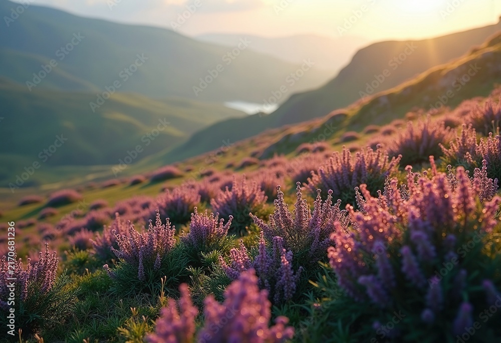 Obraz premium Heather Shrubs Adorning Hillside Evergreen Mounds Velvet Texture Blooms