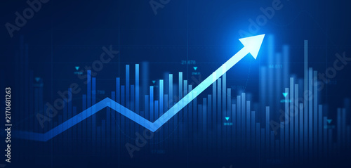 Business financial chart with moving up arrow graph.Financial data charts with glowing stock market graphs.Stock market investment data and analysis finance graph.	
