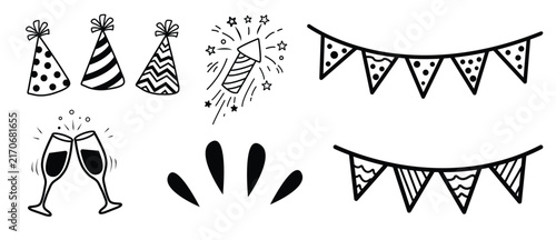 Birthday doodle icon element. Hand drawn sketch doodle birthday cake, balloon, event decoration element. Party, carnival celebration concept background. Vector illustration