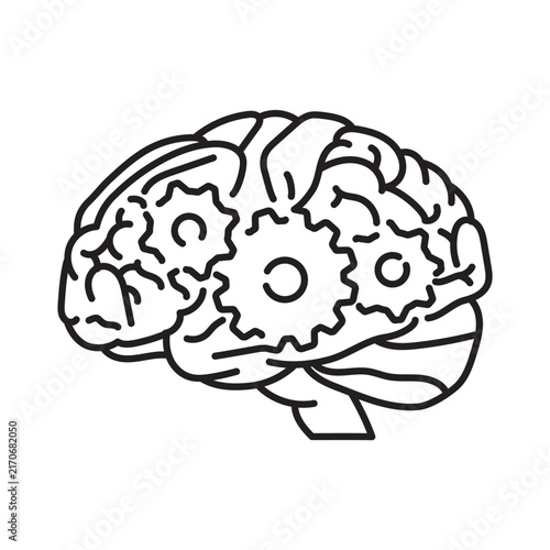 Human brain with brain convolutions shaped like cogs vector line icon. Symbol for World Creativity and Innovation Day on April 21.