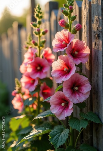 Towering Hollyhock Stalks with Ruffled Flowers Framed by a Charming Weathered Fence