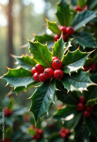 Vibrant Holly Tree with Thorny Green Leaves and Brilliant Red Berries in Serene Forest