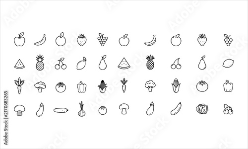 Canvastavla Set outline icons related to fruits, vegetables and berries