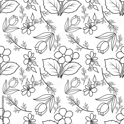 Intricate hand drawn botanical seamless pattern featuring tulips and flowers in black line art on white background seamless floral pattern