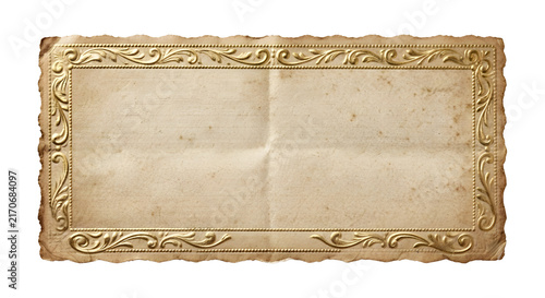 Quadro su tela Vintage creased paper card with ornate gold filigree border frame