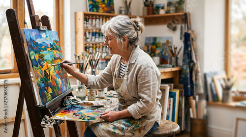 An elderly female artist carefully paints a bright, colorful landscape on a canvas using a wooden easel inside her cozy, sunlit home studio.