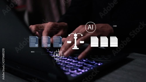 Businessman law scales icon with AI and policy document symbols. Concept of artificial intelligence governance, digital ethics, legal compliance, and corporate regulations.