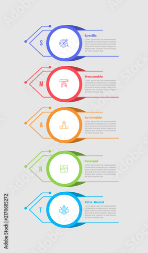 smart goal infographic template with five point white background outline crescent wavy flag stack layout, flat style