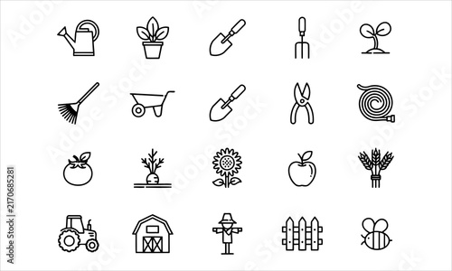 Картината върху платно Set outline icons related to gardening, landscaping, farming