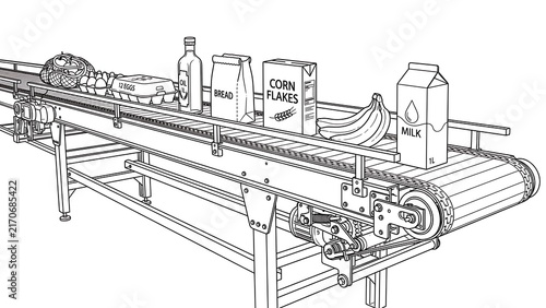 Fototapeta kuchenna Conveyor belt with products on white background.