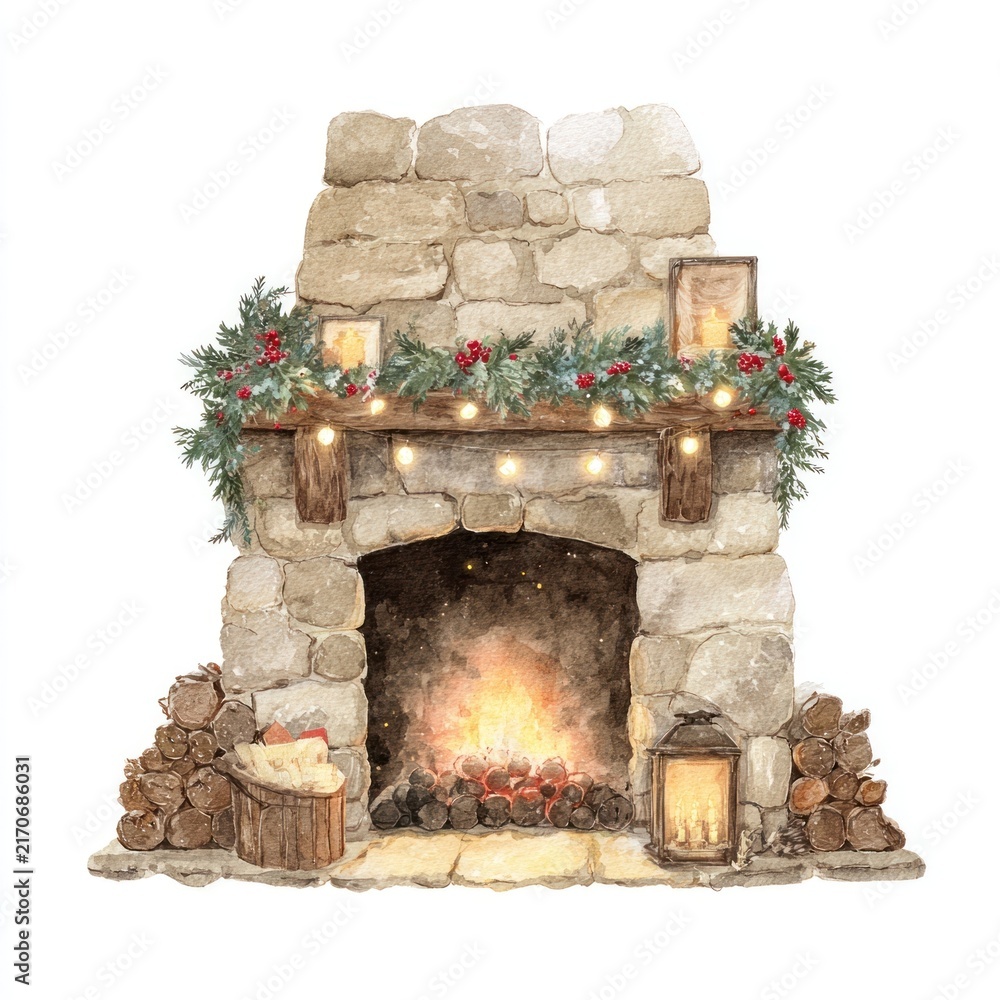 Fototapeta premium Cozy rustic fireplace holiday illustration.