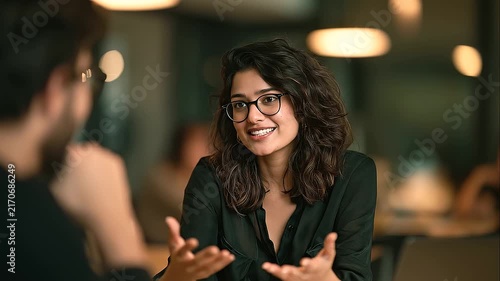 Indian HR Manager Conducting Employee Evaluation in Modern Office An Indian HR professional discussing performance metrics and career growth opportunities with an employee, offerin