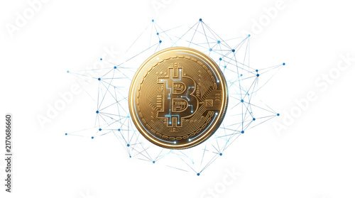 Golden bitcoin cryptocurrency coin, digital blockchain network connection, futuristic virtual currency and financial technology concept isolated PNG with Transparent Background
