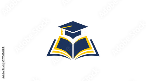 Academic education logo with graduation cap and open book. Navy blue and yellow university emblem. Scholarly learning icon for school branding. isolated PNG with Transparent Background