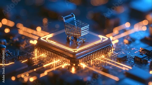 Digital commerce processor with shopping cart symbol on illuminated motherboard, futuristic fintech and online retail concept, smart payment hardware, connected marketplace technol