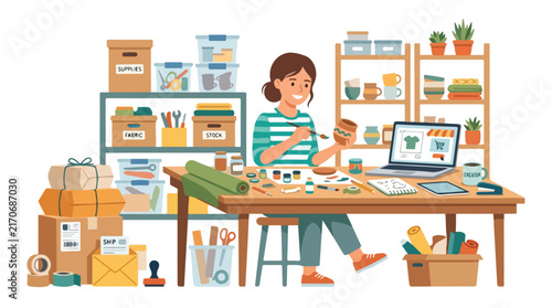 A creative woman paints handcrafted pottery at her desk surrounded by art supplies, packages, and an online store.