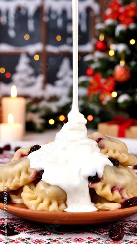 Delicious Traditional Dumplings With Sweet Creamy Sauce and Cherries Served for a Festive Holiday Celebration