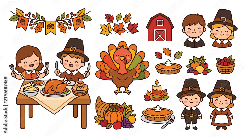 Obraz premium Cute Thanksgiving day elements clip art set with roasted turkey, pilgrim children, pumpkin pie, and harvest icons. Flat doodle cartoon vector illustration.