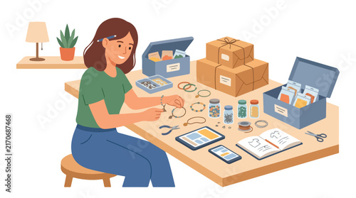 A smiling woman works at her desk making handmade jewelry, organizing supplies, and packaging orders for her small business.