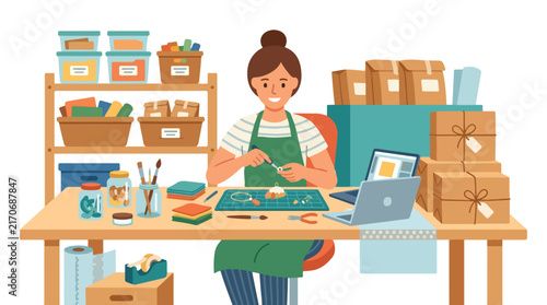 A smiling woman wearing an apron crafts handmade products at her organized workspace table filled with tools and packages.