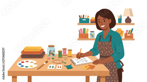 A woman wearing an apron stands at a desk sketching ideas surrounded by various craft and sewing supplies.