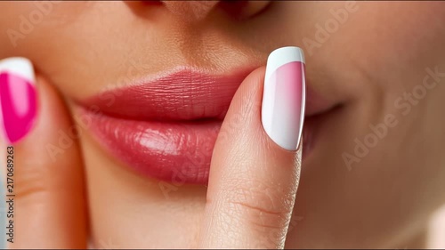 Close-up of a woman's face with a finger over her lips in a shushing gesture, featuring pink and white manicured nails.