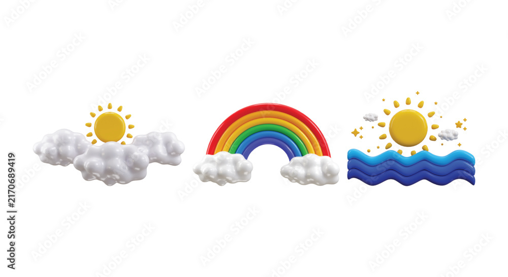 Obraz premium 3D Weather Icon Collection with Rainbow, Cloud with Sun and Sunrise for Weather Forecast, Climate and Nature Vector Illustration