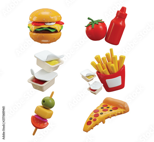 3D Fast Food Icon Collection with Hamburger, Ketchup, Mayonnaise, French Fries, Skewers and Pizza Slice