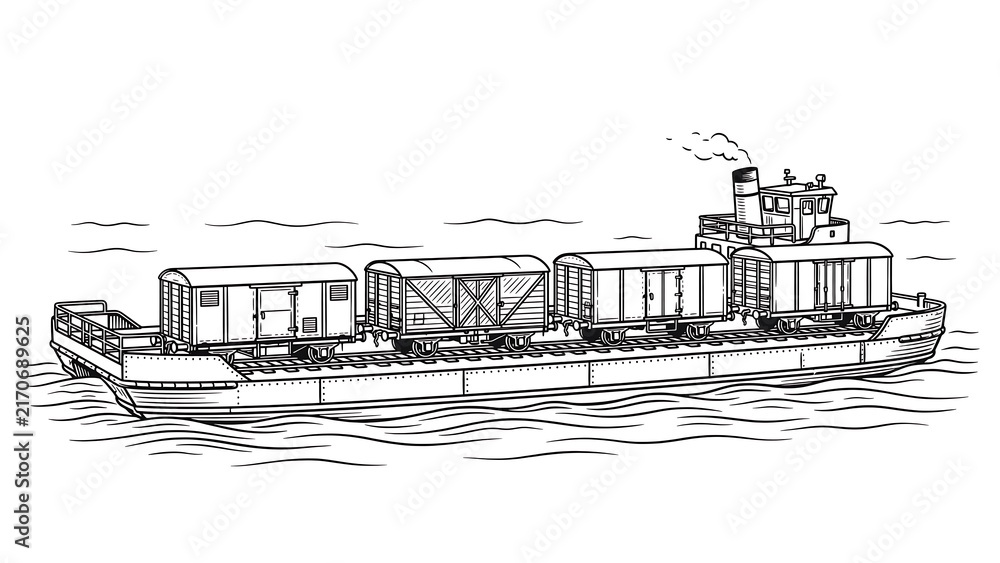 Fototapeta premium Illustrated cargo ship on water white background.