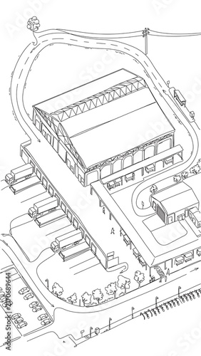 Architectural sketch of industrial complex white background.
