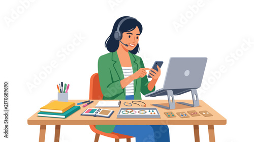 A woman wearing a headset sits at her desk, using her phone while working on a laptop surrounded by jewelry making supplies.