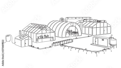 Architectural sketch of modern building complex white background.
