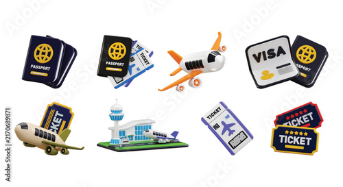 3D Air Travel Icon Collection with Passport, Airplane, Air Ticket and Airport for Tourism, Vacation and International Travel