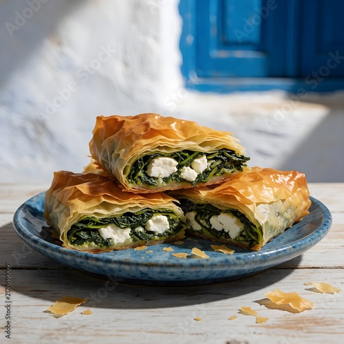 Traditional Greek Spanakopita with Spinach and Feta in Summer Setting