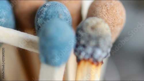 Macro close-up of blue and brown matchsticks with charred tips, showing texture and burn details.