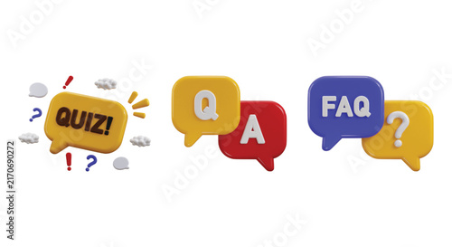 3D Speech Bubble FAQ Icon Collection with Question and Answer, Quiz, Help, Frequently Asked Questions and Vector Illustration