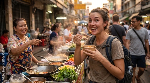 Joyful Woman Enjoying Authentic Thai Street Food at a Vibrant Market