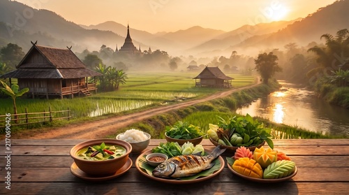 Authentic Thai Feast on Wooden Table with Misty Rural Landscape Background