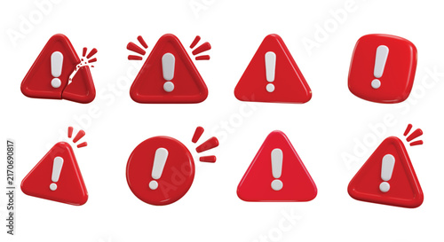 3D Warning and Danger Icon Collection with Exclamation sign, Triangle button, Risk message Alert, Emergency Notice and Urgent Warning Buttons