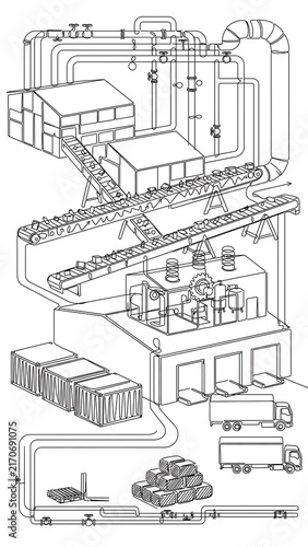 Industrial factory complex diagram white background.